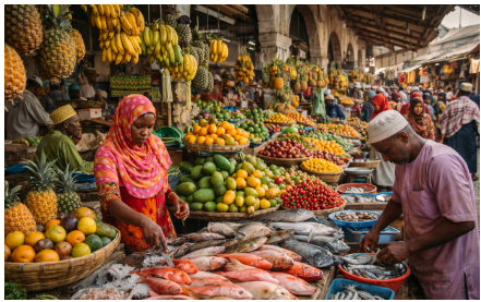 Picha ya soko la Zanzibar lenye matunda mbalimbali na samaki.