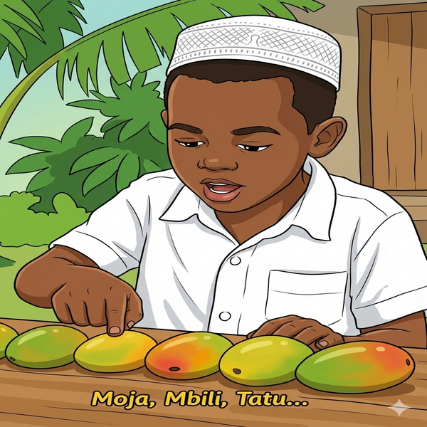 Picha ya mtoto akigusa embe moja moja wakati anahesabu.
