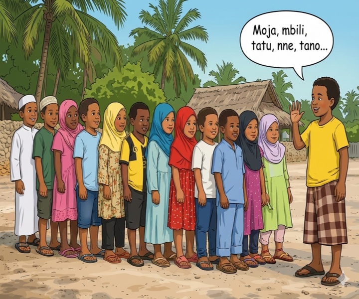 Picha ya watoto wamesimama mstari mmoja wakiwa wanahesabiwa.